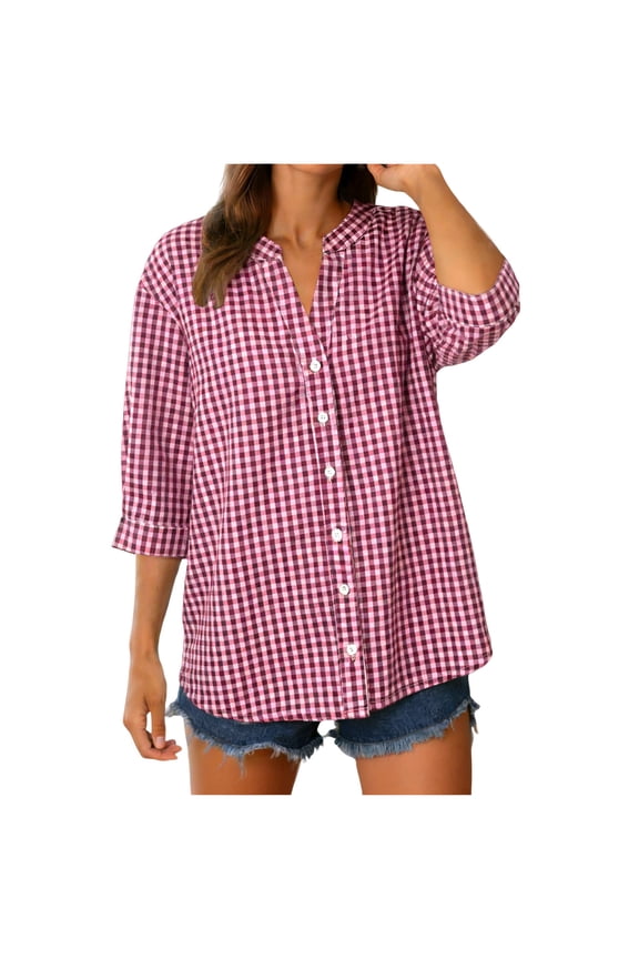 Cotton 3/4 Sleeve Button Down Shirts for Women Gingham Plaid Striped Tops V Neck Casual Loose Blouse (Wine, S)