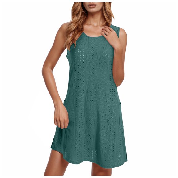 felwors Coverup Summer Dresses for Women 2025 Eyelet Casual Loose Sleeveless Sundresses Tank Dresses with Pockets Dark Green, XL