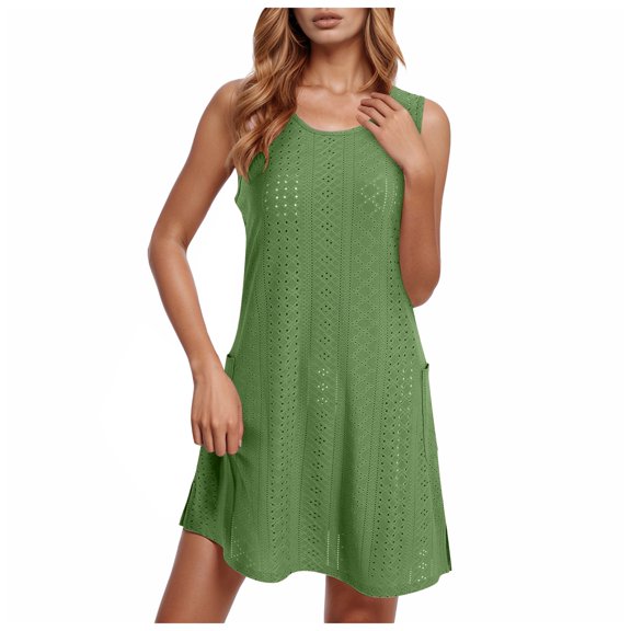 felwors Coverup Summer Dresses for Women 2025 Eyelet Casual Loose Sleeveless Sundresses Tank Dresses with Pockets Light Green, S