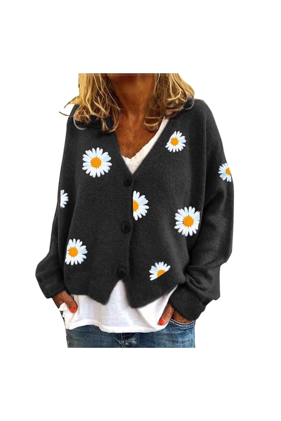 Daisy Flower Cardigan Sweater for Women Aesthetic 90s Button Down Long Sleeve Open Front Cute Knit Sweaters Black, L