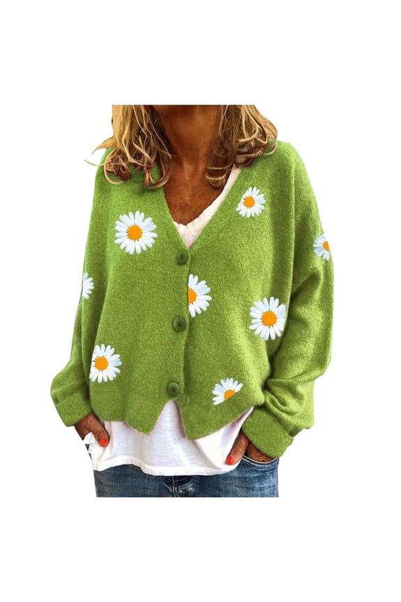 Daisy Flower Cardigan Sweater for Women Aesthetic 90s Button Down Long Sleeve Open Front Cute Knit Sweaters Green, XL