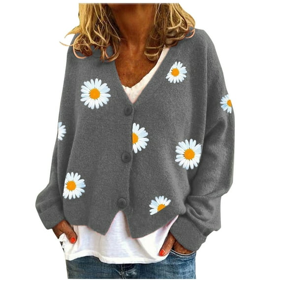 felwors Daisy Flower Cardigan Sweater for Women Aesthetic 90s Button Down Long Sleeve Open Front Cute Knit Sweaters Grey, XXL