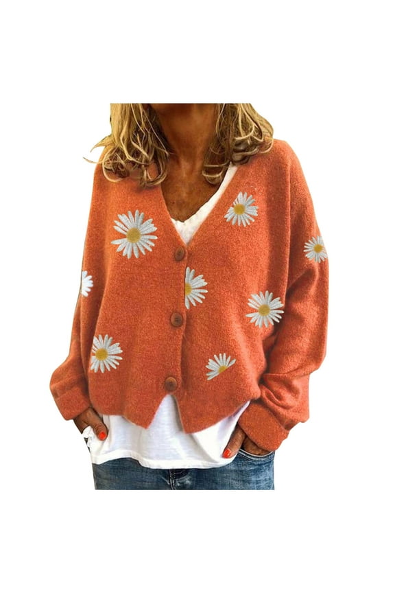 Daisy Flower Cardigan Sweater for Women Aesthetic 90s Button Down Long Sleeve Open Front Cute Knit Sweaters Orange, L