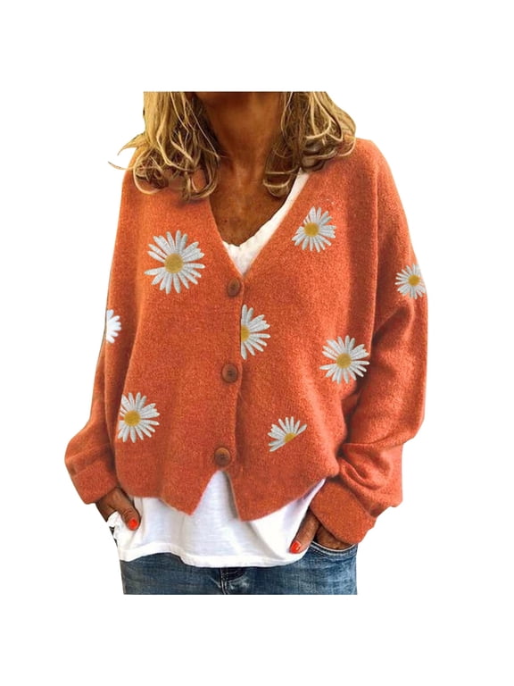Daisy Flower Cardigan Sweater for Women Aesthetic 90s Button Down Long Sleeve Open Front Cute Knit Sweaters Orange, S