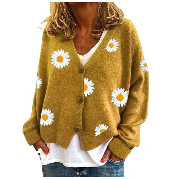 felwors Daisy Flower Cardigan Sweater for Women Aesthetic 90s Button Down Long Sleeve Open Front Cute Knit Sweaters Yellow, M