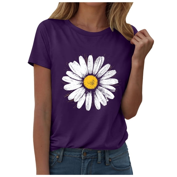felwors Daisy Flower Shirt for Women Crewneck Graphic Tee Short Sleeve Floral Tops (Purple, XL)