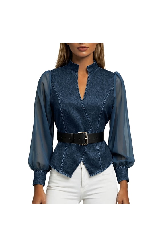 Denim Tops Women Mesh Sheer Long Sleeve V Neck Wrap Fitted Peplum Blouse Elegant Casual Work Shirt with Belt Navy for Size XXL