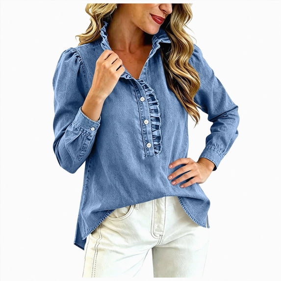 felwors Denim Women's Button Down Shirt with Ruffled Collar and Puff Long Sleeves for Casual Everyday Style Blue for Size S
