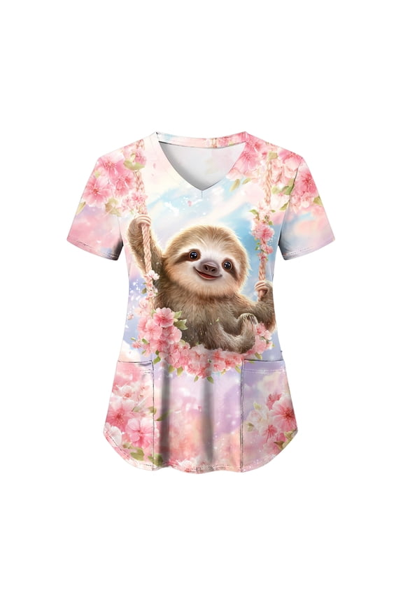 Easter Scrub Tops Women Plus Size Bunny Egg Print Short Sleeve V Neck Stretchy Holiday Nurse Working Uniform (Light Blue, XXXL)