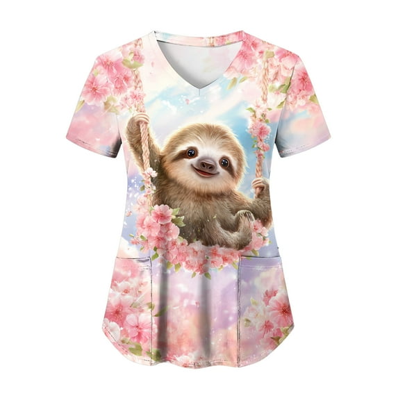 felwors Easter Scrub Tops Women Plus Size Bunny Egg Print Short Sleeve V Neck Stretchy Holiday Nurse Working Uniform (Light Blue, XXXL)