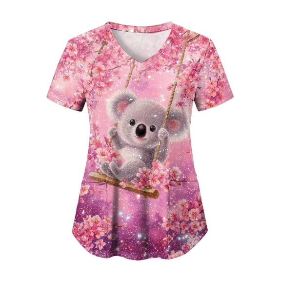 felwors Easter Scrub Tops Women Plus Size Bunny Egg Print Short Sleeve V Neck Stretchy Holiday Nurse Working Uniform (Watermelon Red, XXXL)