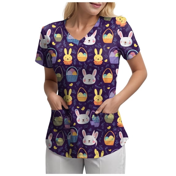 felwors Easter Scrub Tops Women Stretchy Vneck Short Sleeve Cute Bunny and Eggs Printed Nurse Working Uniforms with 2 Pockets (Purple, XL)