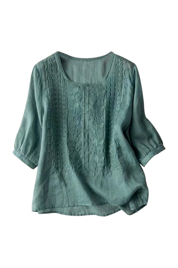 Embroidered Cotton Linen Tops for Women 3/4 Sleeve Summer Boho Peasant Gauze Blouses Dressy Casual Bohemian Shirts Blue, M