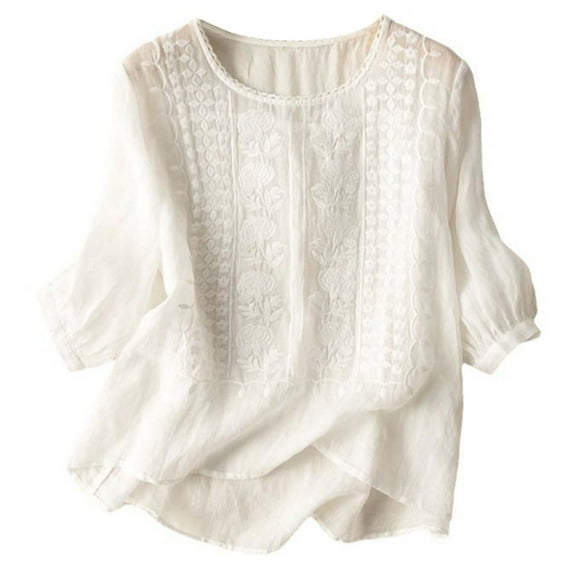 felwors Embroidered Cotton Linen Tops for Women 3/4 Sleeve Summer Boho Peasant Gauze Blouses Dressy Casual Bohemian Shirts White, XXXL