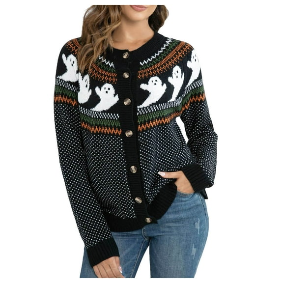 felwors Fall Halloween Cardigans Sweater for Women Funny Holiday Graphic Long Sleeve Knit Button Down Sweatshirt Tops Black, M