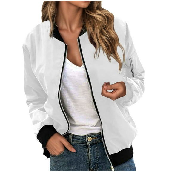 felwors Fall Jackets for Women 2025 Trendy Zip Up Bomber Jacket Lightweight Outwear Coat Spring Windbreaker Outfits White, S