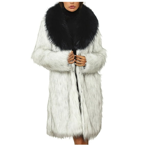 felwors Faux Fur Coat Women Long Fuzzy Fleece Jacket Open Front Cardigan Fur Lapel Coat Warm Winter Coats Fashion Outfits Black, L