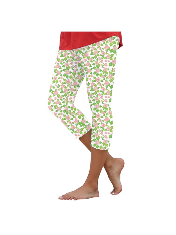 Floral Capri Pants for Women High Waist Tummy Control Printed Leggings Trendy Casual Dressy Comfy Silm Fit Tights Light Yellow for Size L