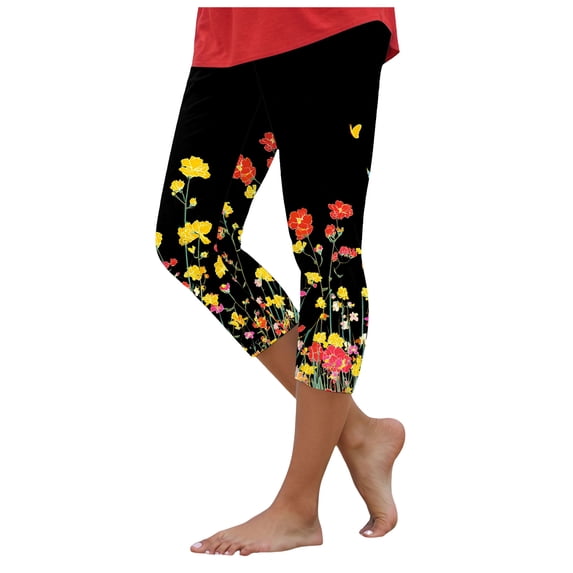 felwors Floral Capri Pants for Women High Waist Tummy Control Printed Leggings Trendy Casual Dressy Comfy Silm Fit Tights Yellow for Size M