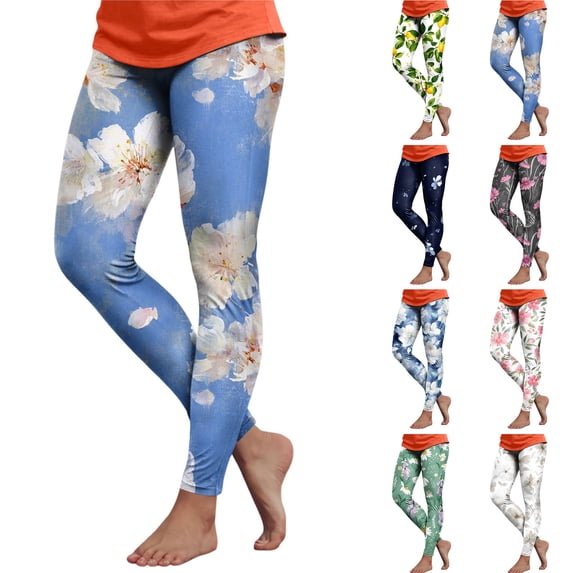 felwors Floral Leggings for Women High Waisted Vintage Printed Tummy Control Leggings Casual Plus Size Yoga Pants Slim Tights (Dark Blue, L)
