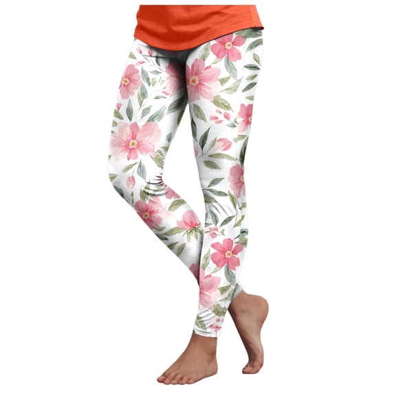 felwors Floral Leggings for Women High Waisted Vintage Printed Tummy Control Leggings Casual Plus Size Yoga Pants Slim Tights (Light Pink, L)