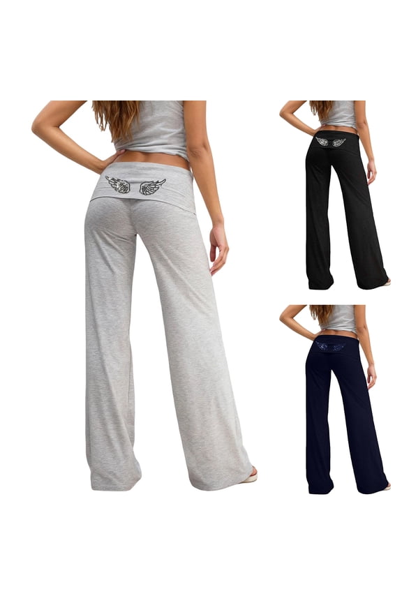 Fold Over Yoga Pants for Women Low Rise Straight Leg Sweatpants Y2k Solid Color Stretchy Loose Gym Lounge Leggings(Navy, L)