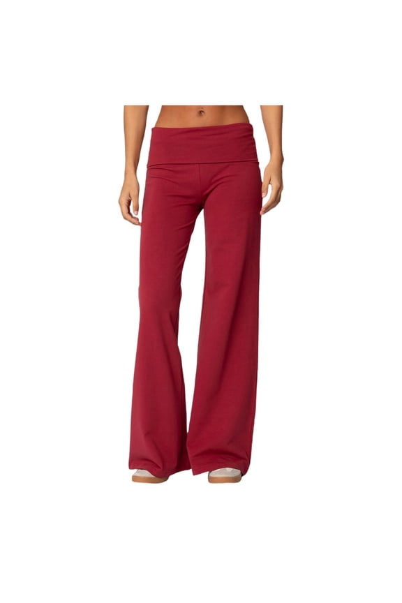 Fold Over Yoga Pants for Women Low Rise Straight Leg Sweatpants Y2k Solid Color Stretchy Loose Gym Lounge Leggings(Red, S)