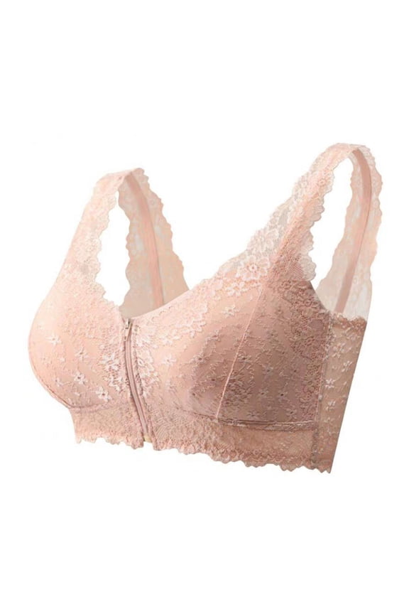 Front Zipper Wireless Floral Lace Bra,Sexy Deep V Push Up Wide Strap Adjustable Elastic Bralette Comfy Bra(Beige, XL)