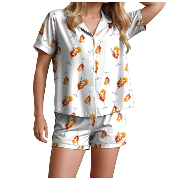 felwors Funny Graphic Pajamas for Women Set Button Down Short Sleeve Top and Shorts Pjs Sets Sleepwear Orange, S
