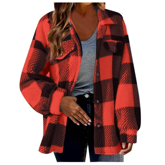 felwors Fuzzy Fleece Jackets for Women Casual Button Down Sherpa Jacket Warm Plaid Shacket Trendy Winter Coats Outwear 2025 Orange, L