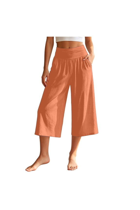 Gaucho Pants Women High Waisted Cotton Wide Leg Capri Petite Cropped Trouser Casual Summer 2026 Orange XS