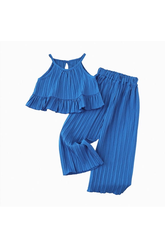 Girl's 2 Piece Outfits Ruffle Halter Sleeveless Top Elastic High Waisted Pants Set,Blue,3-4 Years