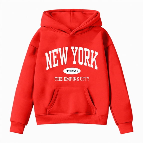 felwors Girl's New York Graphic Letter Print Hoodie Sweatshirt Long Sleeve Pullover Tops (7-8 Years,Red)