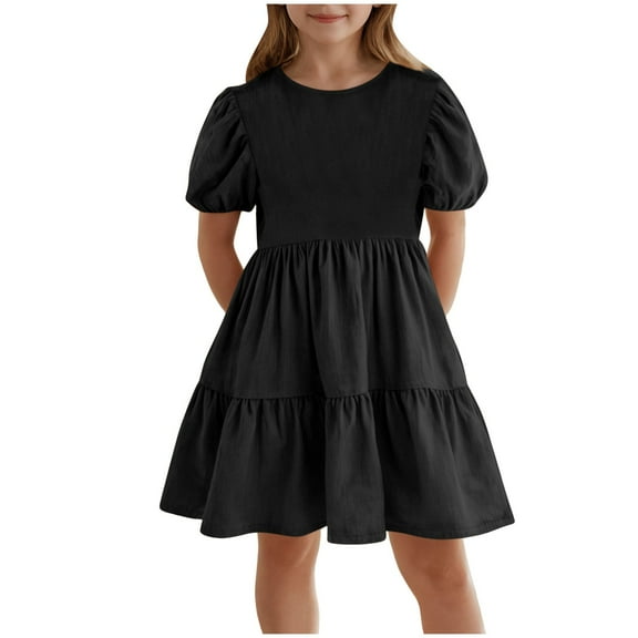 felwors Girls Dress Linen Boho Party Ruffle Sleeve A-Line Floral Hem Loose Fit Summer Outfits for 5-12 Years Kids Black, 11-12 Years
