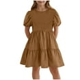thumbnail image 1 of felwors Girls Dress Linen Boho Party Ruffle Sleeve A-Line Floral Hem Loose Fit Summer Outfits for 5-12 Years Kids Brown, 5-6 Years, 1 of 5