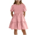 thumbnail image 1 of felwors Girls Dress Linen Boho Party Ruffle Sleeve A-Line Floral Hem Loose Fit Summer Outfits for 5-12 Years Kids Pink, 9-10 Years, 1 of 5
