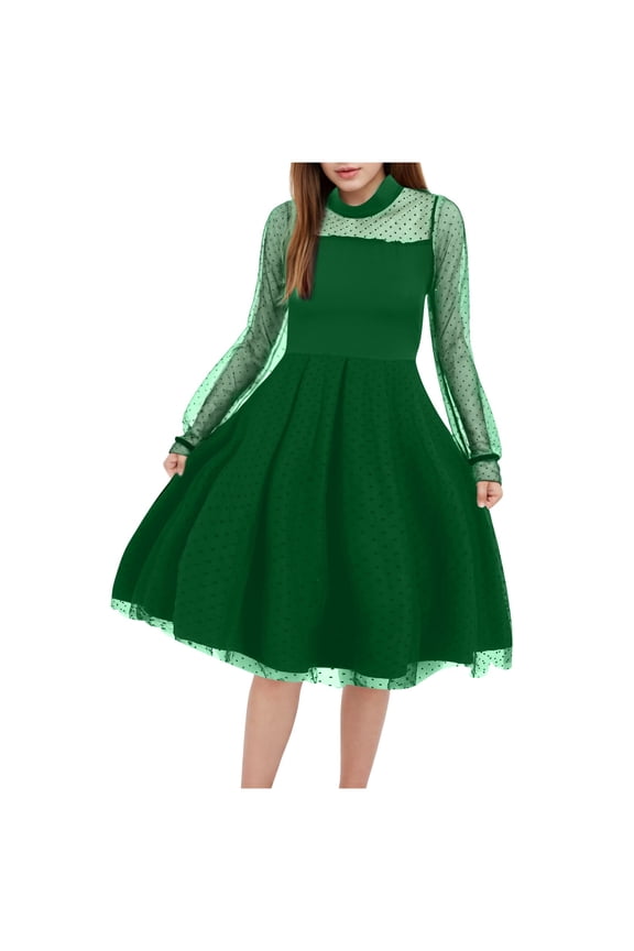 Girls Dresses Contrast Mesh Puff Long Sleeve Mock Neck Formal Party A Line Short Tulle Dress Green, 7-9 Years