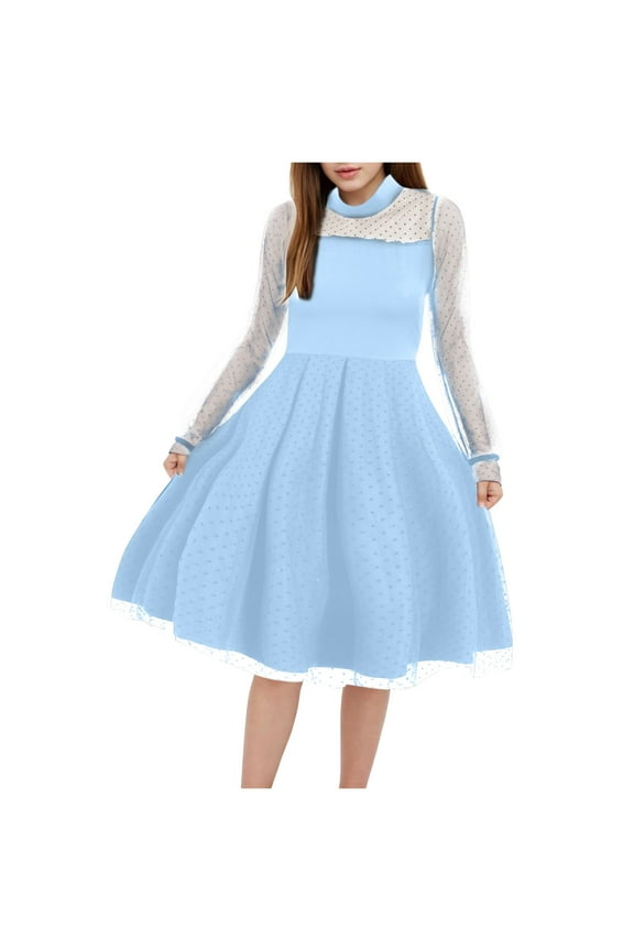 Girls Dresses Contrast Mesh Puff Long Sleeve Mock Neck Formal Party A Line Short Tulle Dress Light Blue, 5-6 Years
