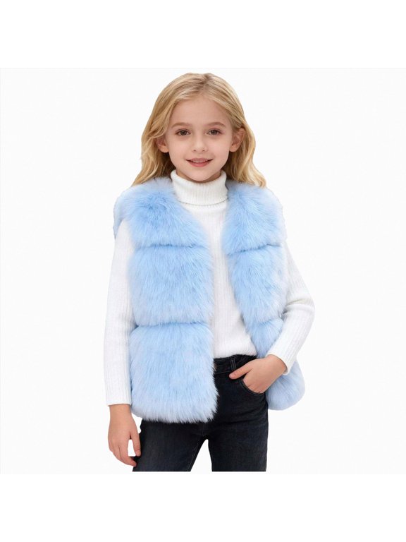 Girls Faux Fur Vest Kids Sleeveless Open Front Fluffy Jacket Warm Winter Fuzzy Waistcoat Outerwear with Pockets (4-5 Years,Light Blue)