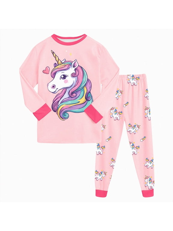 Girls Pajamas Toddlers Longsleeve Sleepwear Cartoon Animal Unicorn Owl Heart Ballerina Print PJs Snug Fit Nightwear (Pink,6-7 Years)
