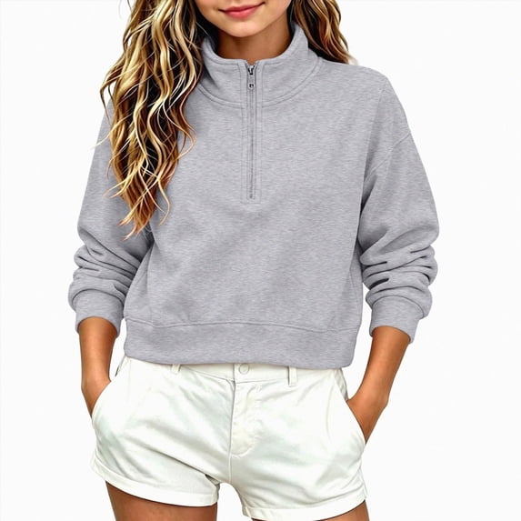 felwors Girls Quarter Zip Sweatshirt Fashion Cute Cropped Pullovers Sweatshirts | Kids Fall Winter Clothes,Long Sleeve Quarter Zip Sweatshirts for Teen Girls (Grey,5-6 Years)