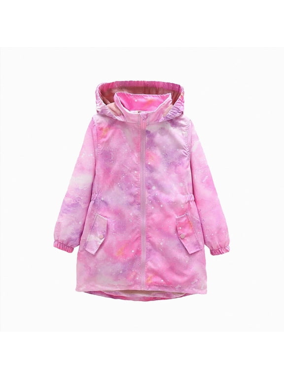 Girls Rain Jackets Waterproof Hooded Fleece Lined Raincoats Cartoon Print Lightweight Windbreakers for Kids
