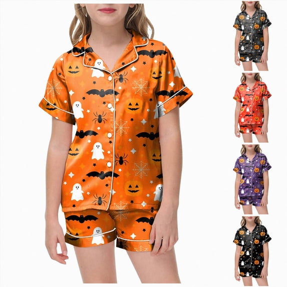 felwors Girls Satin Pajamas Set Kids Button Down Pajamas Set Toddler Nightgown Halloween prints Pjs Girls(2-3 Years,Orange)