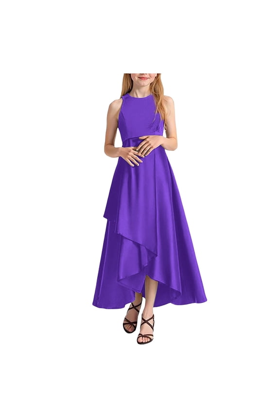 Girls Sleeveless Party Dresses Tween Girls Satin Trendy Pageant Bridesmaid Wedding Guest Gown Irregular Ruffle Hem Purple, 10-12 Years