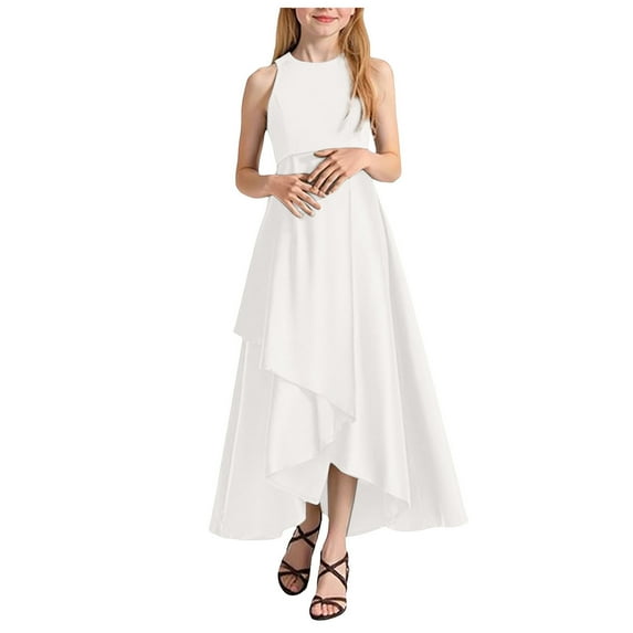 felwors Girls Sleeveless Party Dresses Tween Girls Satin Trendy Pageant Bridesmaid Wedding Guest Gown Irregular Ruffle Hem White, 8-10 Years