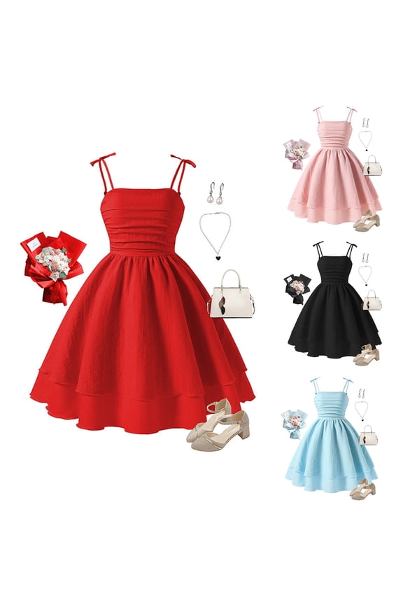 Girls Summer Dress Graduation Dance Flowy Teen Ruched Ruffled Layered Spaghetti Strap Swing Mini Dresses (12-13 Years, Red)