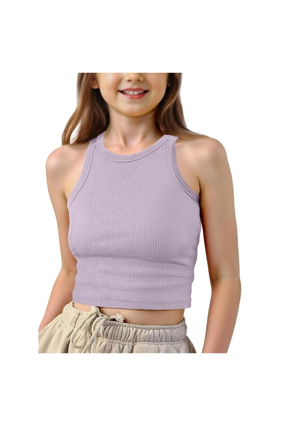 Girls Tank Tops - Kids Athletic Soft Undershirt Sleeveless Shirts Ribbed Knit High Neck Crop Top for Gym Yoga (13-14 Years, Purple)