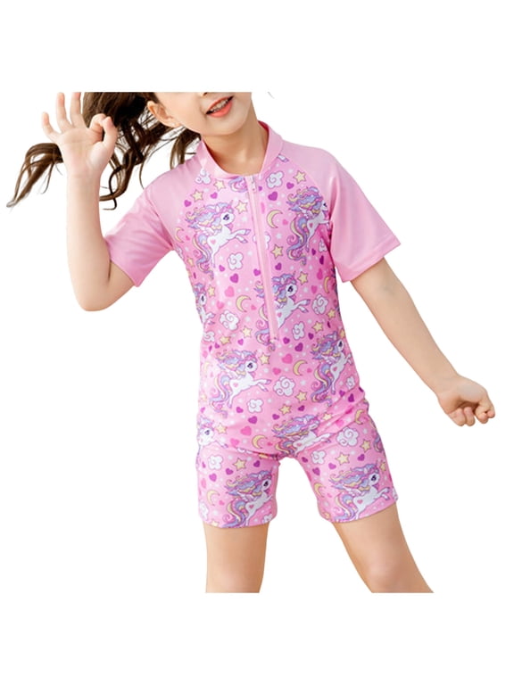 Girls and Boys One Piece Rash Guard Swimsuit Kid Water Sport Short Swimsuit UPF 50+ Sun Protection Bathing Suits (3-4 Years, Light Pink)