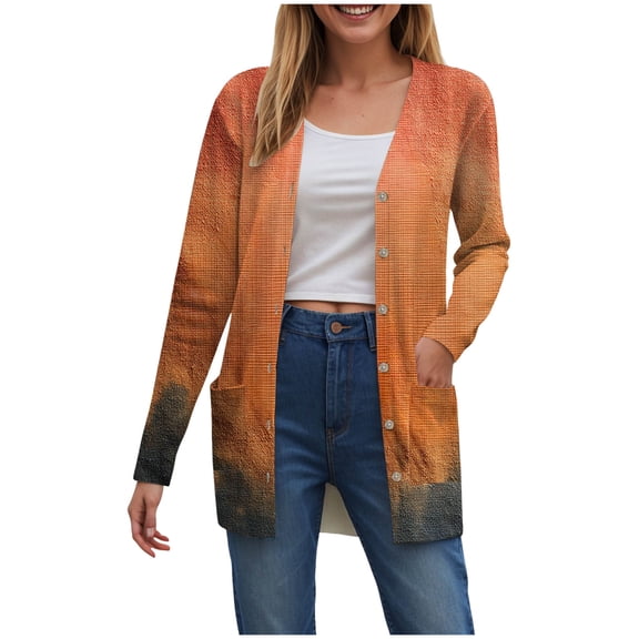 felwors Halloween Cardigan Sweaters for Women 2025 Pumpkin Face Print Tunic Shirt Spooky Season Lightweight Long Sleeve Cardigans Gold, XL