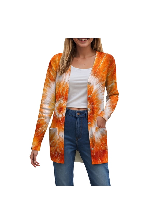 Halloween Cardigan Sweaters for Women 2025 Pumpkin Face Print Tunic Shirt Spooky Season Lightweight Long Sleeve Cardigans Orange, XL